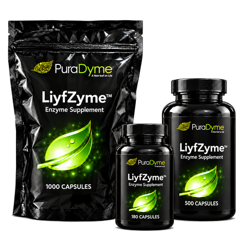 PuraDyme LiyfZyme digestive enzyme capsules in 180 and 500 capsule bottles and a 1000 capsule bag